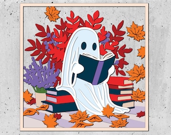 Scatola delle ombre di Halloween con fantasma che legge SVG, decorazione di Halloween con fantasma 3D, per Cricut, per Silhouette, cartoncino a strati con simpatico fantasma amante dei libri