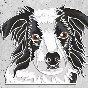Pode incluir: Um c&atilde;o border collie preto e branco com olhos castanhos. A pelagem do c&atilde;o &eacute; estilizada com um contorno dentado.