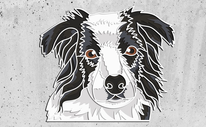 Pode incluir: Um c&atilde;o border collie preto e branco com olhos castanhos. A pelagem do c&atilde;o &eacute; estilizada com um contorno dentado.