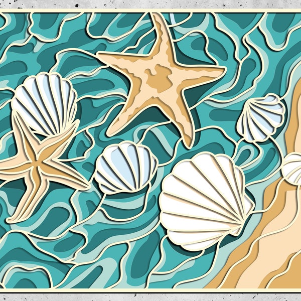 Sea shells and starfish 3D Mandala svg files, DXF templates for CNC router, layered panel for laser cutting, Sea Layered SVG,