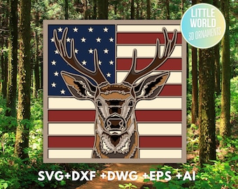 Scatola con bandiera di cervo in formato SVG, cartoncino a strati tagliato per Cricut, caccia al cervo americano in formato SVG, bandiera americana 3D con cervo in formato SVG