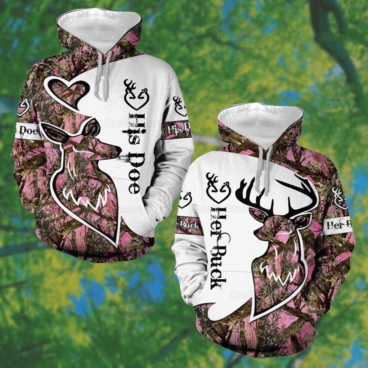 QualityStoreeee Her Buck His Doe Couple Hoodie, Happy Valentine's Day, Hunting Couple Hoodie, Deer Couple Printed Hoodie, Wedding Gifts, Christmas Gift