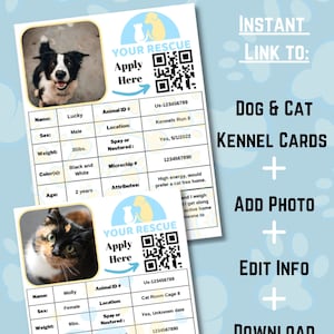 Canva Animal Rescue afdrukbare kennelkaart, dierenasiel kooikaart, kennelkaart, kattenkooikaart, invulbare kooikennel, kooikaartsjabloon