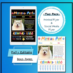 Missing Pet Flyer Template | Missing Pet Poster | Missing Pet Apple Pages| Missing Pet Docs | Lost Pet | Missing Dog | Missing Cat | Flyer