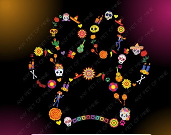 Op de afbeelding: Een zwarte achtergrond met een kleurrijk ontwerp met als thema Día de Muertos. Het ontwerp heeft de vorm van een pootafdruk en bevat schedels, bloemen, kaarsen, gitaren, maracas, pepers en andere traditionele Día de Muertos-beelden. De tekst "Day of the Dead" staat in oranje en gele letters onderaan de afbeelding. De tekst "IPNGI" staat in roze letters onder de tekst "Day of the Dead".