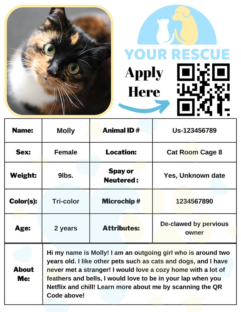 Canva Animal Rescue Printable Kennel Card, Animal Shelter Cage Card ...