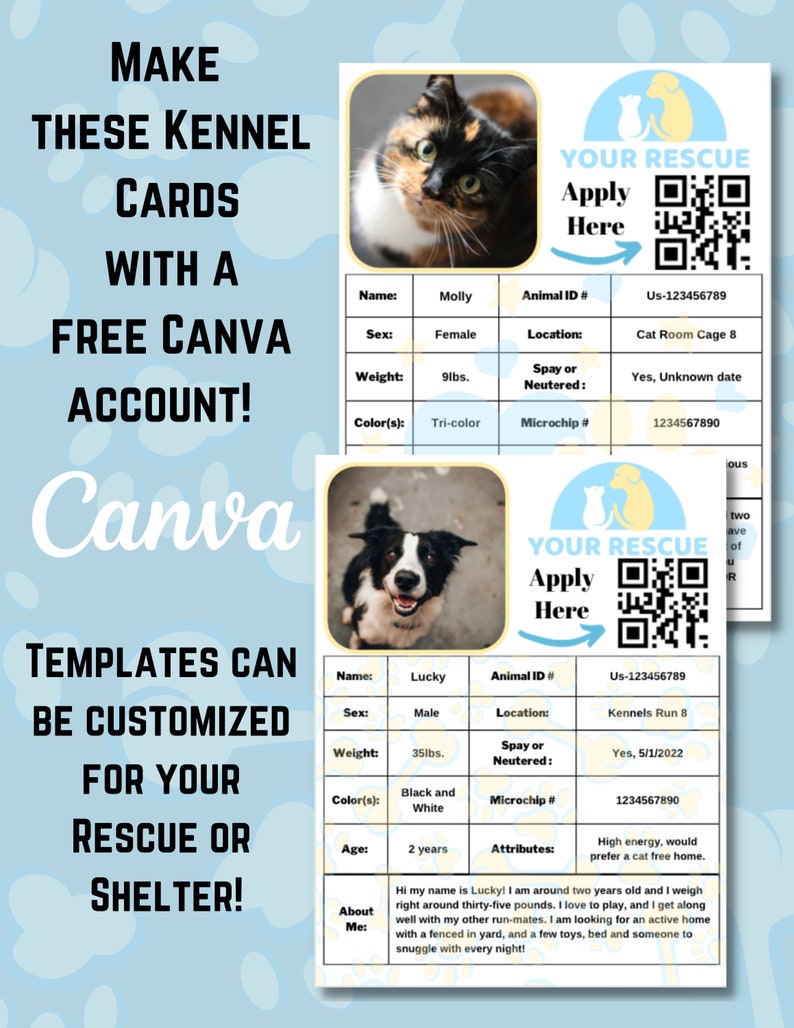 Canva Animal Rescue Printable Kennel Card, Animal Shelter Cage Card ...