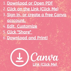 K&ouml;nnte beinhalten: Ein rosa Hintergrund mit wei&szlig;em Text, der die Schritte zum Erstellen eines druckbaren Designs mit Canva beschreibt. Die Schritte sind: 1. PDF herunterladen oder &ouml;ffnen, 2. Auf den Link klicken (Klick mich), 3. Anmelden oder ein kostenloses Canva-Konto erstellen, 4. Bearbeiten, Anpassen, 5. Auf "Teilen" klicken, 6. Herunterladen und Drucken! Das Bild enth&auml;lt auch ein wei&szlig;es Canva-Logo mit einem Abw&auml;rtspfeil.