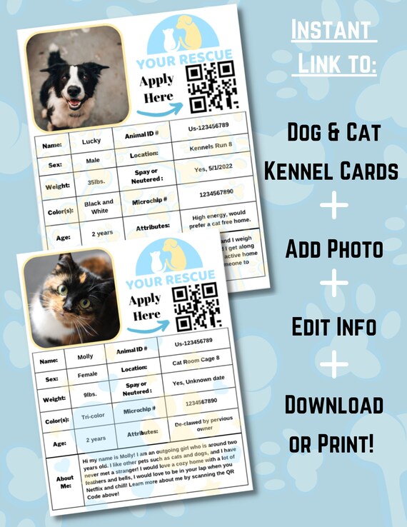 Canva Animal Rescue Printable Kennel Card Animal Shelter Cage Card Kennel Card Cat Cage Card Fillable Cage Kennel Cage Card Template Etsy UK