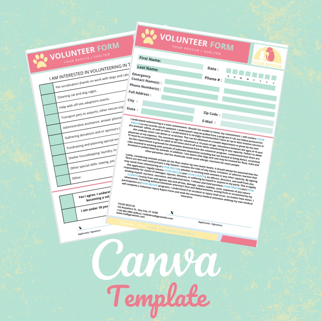Animal Rescue Volunteer Form Template | Canva Editable (digital ...