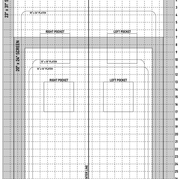 Pre-Registration Placement Guide fro screen print size are 20"x 24" and 23"x 31" Screens