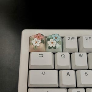 May include: Two custom keyboard keycaps with floral designs. One keycap is light pink with a pink and white flower arrangement, and the other is light green with blue and white flowers. The keycaps are on a white keyboard.