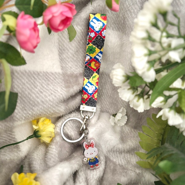 Bright Colors Bunny Wrist Lanyard with Charm | Flower Rabbit charm | keyfob wrist strap wristlet | keyring keychain