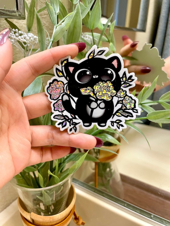 Kawaii Cute black cat with Rose Holographic Vinyl Sticker| Laptop and Notebook Sticker | Cat Sticker | Cat Lover Gift