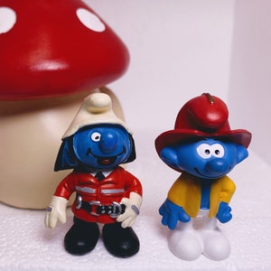 POMPIER-0202 Ensemble unique de 2 figurines vintage Schtroumpfs pompier Peyo Schleich 20465 20833 Schtroumpfs Figurine Schtroumpf