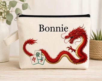 Personalized Mahjong Tile Bag | Custom Mahjong Gift | Dragon Mahjong Zipper Pouch | Mahjong Accessories Bag | Mahjong Player Gift