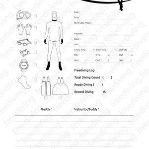 freediving log book page for diary a4 size printable, jpg img, Can be customized