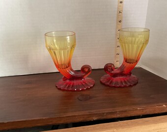 Jeannette Glass Horn of Plenty Amberina Vases Pair