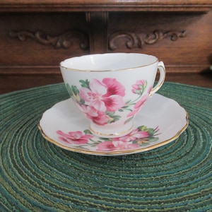 Royal Vale Bone China Cup and Saucer Made in England Pink Flowers