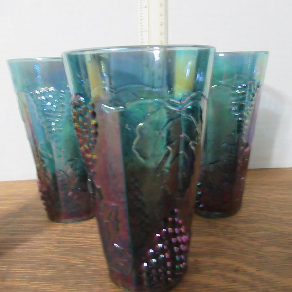 Vintage Indiana Glass Blue Iridescent Carnival Glass Grape & Leaf Water Tumblers