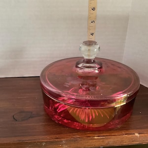 Ruby Flash Glass 3 Part Candy Dish w/ Lid Etched Flowers