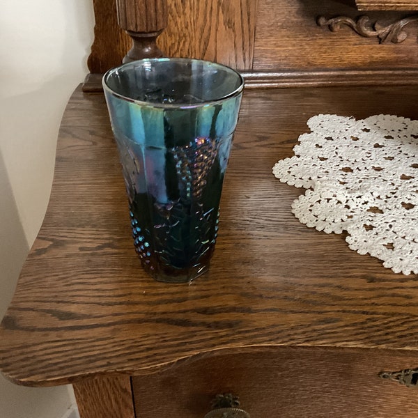 Vintage Indiana Glass Blue Iridescent Carnival Glass Grape & Leaf Water Tumblers