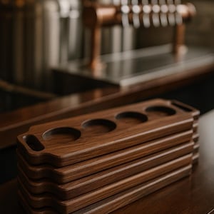 May include: A stack of wooden beer flight boards with four circular cutouts for glasses. The boards are a rich brown color and have a handle on one end. The background shows a bar setting with taps and brewing equipment.