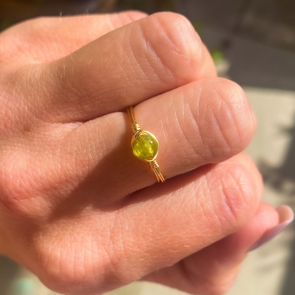 Tiny Peridot Ring | Wire wrapped gemstone ring | August Birthstone staking ring | Crystal Rings | 14k gold | sterling silver | witch ring