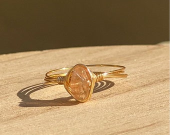 Handmade Sunstone Ring: Wire Wrapped Crystal for Positive Mindset