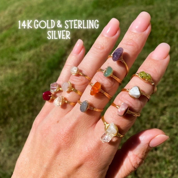 Unique crystal rings - customizable in 14k gold or sterling silver • Colorful crystal ring • Boho custom wire ring • Carnelian Ring