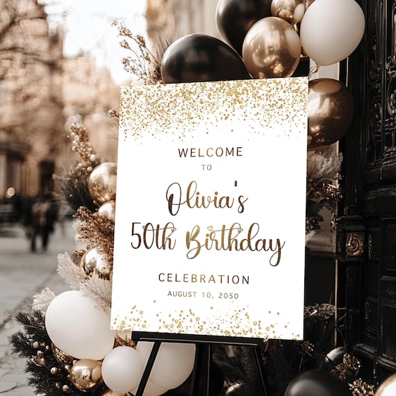 Modern 50th Birthday Welcome Sign, Gold Confetti, Minimal Party Decor (Digital Printable)