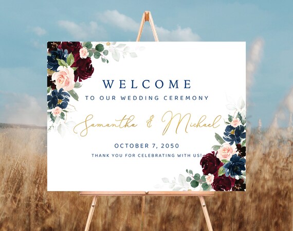 Burgundy and Navy Wedding Welcome Sign, Burgundy and Navy Rehearsal Dinner Sign, Wedding Decor, Wedding Poster, Burgundy and Navy, BDY2