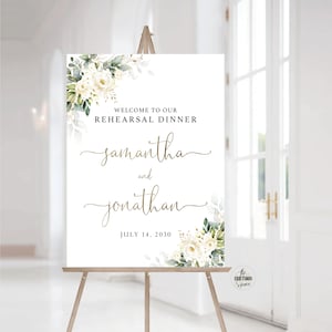 Letrero de bienvenida a la cena de ensayo, letrero de la noche anterior, letrero de rosas blancas para la cena de ensayo, letrero de ensayo de boda, decoraciones de boda, WR3