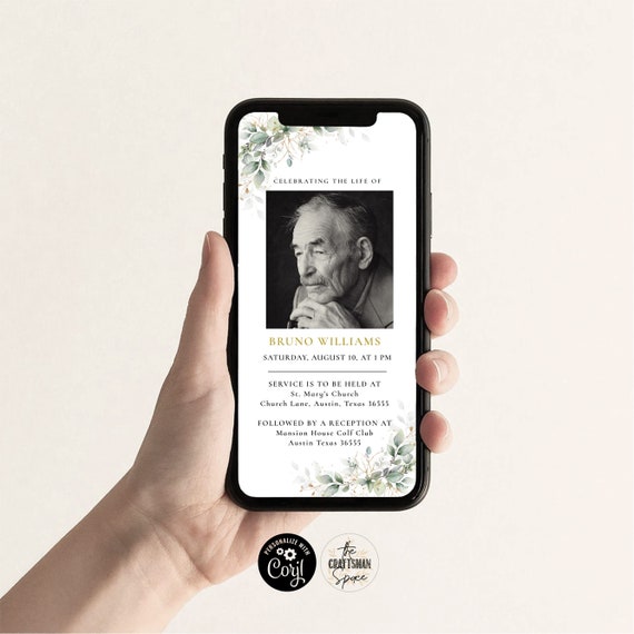 Greenery Electronic Funeral Announcement, Funeral Evite, Digital Funeral Invitation, Memorial Evite Invitation, Corjl, 100% Editable, HB3