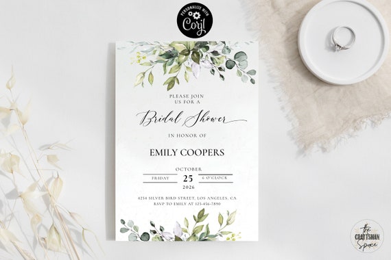 Greenery bridal shower Invitation, Corjl, Wedding shower invite, 100% Editable, Bridal brunch invite, Eucalyptus, HB2