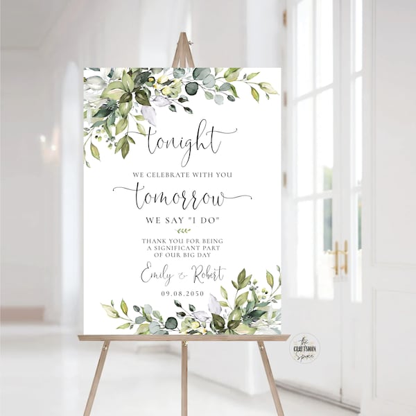 Verdure la veille du dîner de répétition, panneau de répétition de mariage, panneau de bienvenue de mariage, décorations de mariage, eucalyptus, décorations, HB2