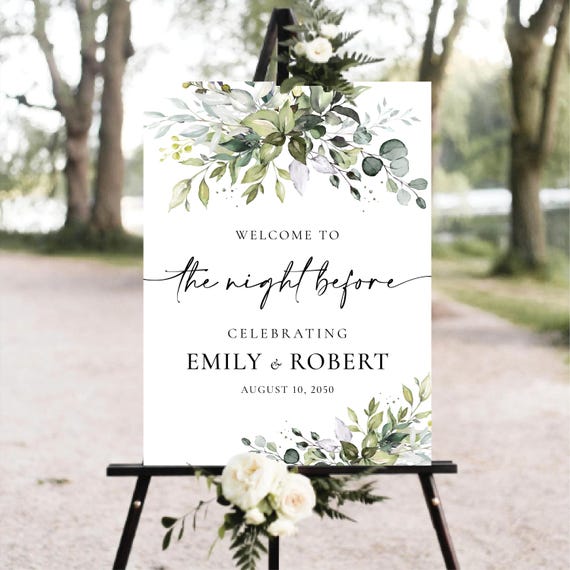 Greenery The night before Welcome Sign, Botanicals Wedding Rehearsal Dinner Decoration, Modern Photo Wedding Poster, Eucalyptus, Herbal, HB2