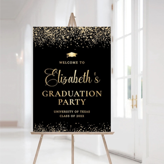 Elegant Graduation Party Welcome Sign, Black and Gold, Modern Grad Celebration Decor (Digital Printable)