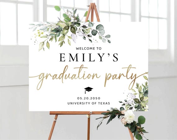 Greenery Graduation Party Welcome Sign, Rustic Graduation Poster, Gold Glitter, Graduation Decorations, Grad Party Poster, Eucalyptus, HB2