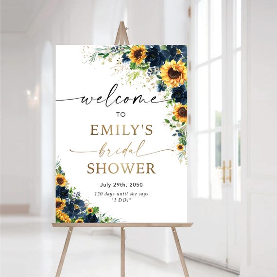 Navy Blue Sunflower Bridal Shower Welcome Sign Template, Printable Modern Wedding Shower Decoration, Boho Floral Editable Bridal Brunch Sign