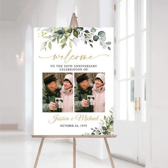 Greenery 50th Wedding Anniversary Welcome Sign, Botanicals 50th Anniversary sign, Photo Wedding Anniversary, Celebrating 50 Years Decor, HB2