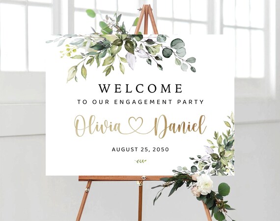 Greenery Engagement Party Welcome Sign, Botanical Engaged Poster (Digital Printable)
