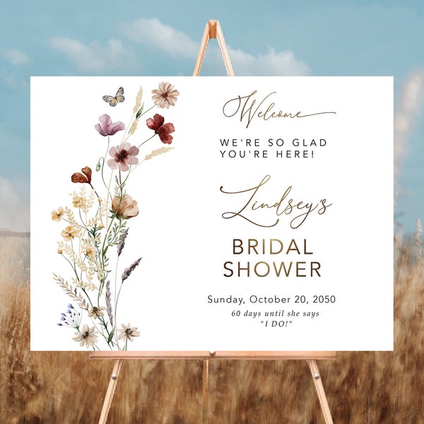 Petite plaque de bienvenue florale pour la douche nuptiale, fleurs sauvages pour la douche nuptiale, décorations pour la douche nuptiale, brunch de la mariée, plaque pour le thé de la mariée, TIY