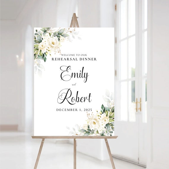 White Roses Rehearsal Dinner welcome sign, Wedding rehearsal Sign, Wedding Rehearsal Decoration, Cream Roses, Greenery, WR3