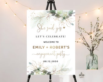 Letrero de bienvenida para fiesta de compromiso con vegetación: diseño de eucalipto (imprimible digitalmente)