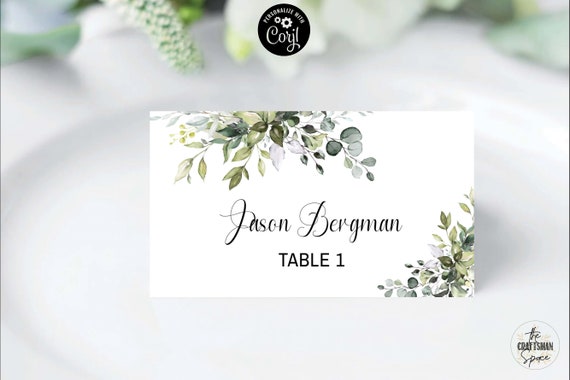 Greenery Table Name Card, Wedding Place Cards, Eucalyptus Watercolor Greenery Leaves, Flat and Tentfolded, Eucalyptus, greenery, HB2