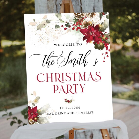 Poinsettia Christmas Party Welcome Sign, Golden, Red Floral and Lights (Digital Printable)