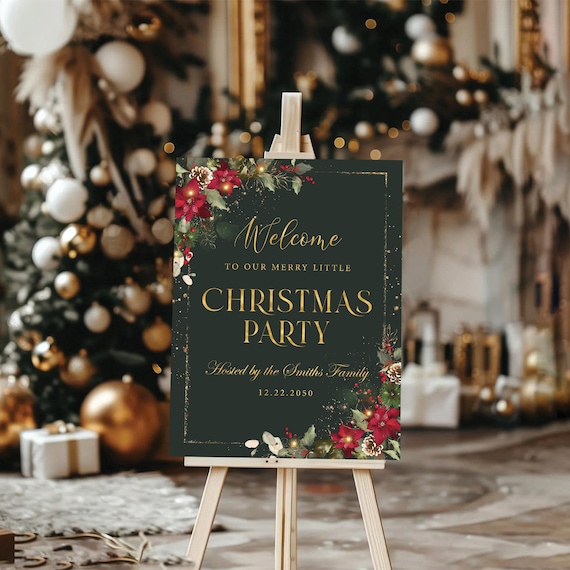 Poinsettia Christmas Party Welcome Sign, Red Floraland Lights, Golden Frame (Printed or Digital File)