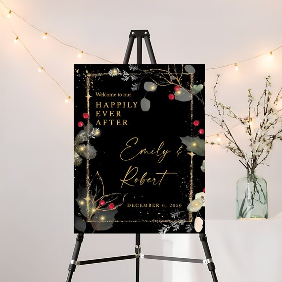 Christmas Wedding Welcome Sign Printable, Christmas Wedding Sign, Holiday Welcome Sign, Wedding welcome Sign, Poinsettia and Lights, CRM3