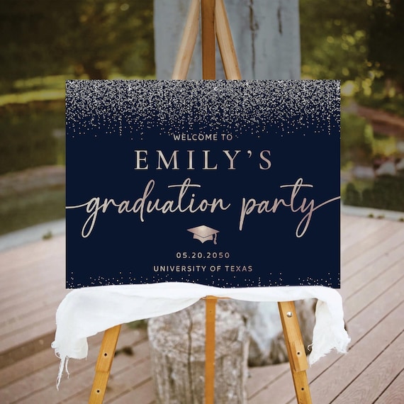 Navy Blue Graduation Party Welcome Sign, Silver Glitter Graduation Decorations, Modern Graduation with photo Party Sign, Grad Party Poster